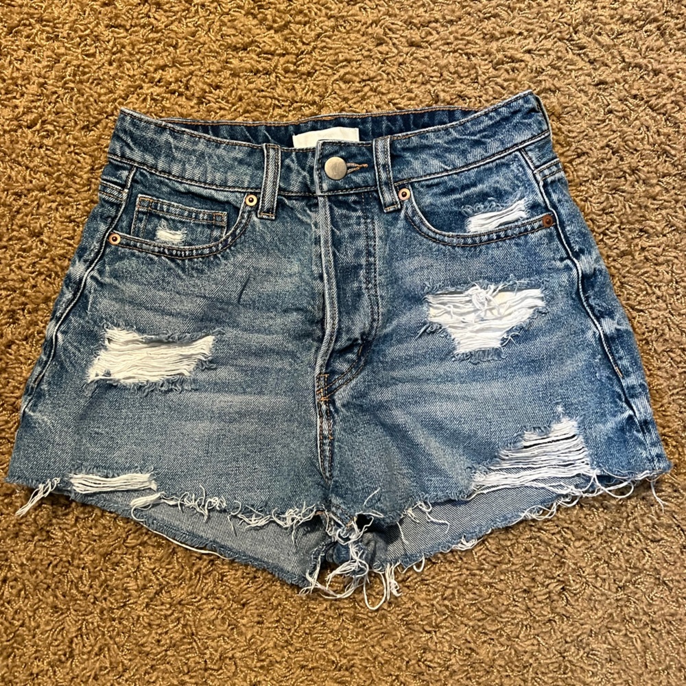 Dark Wash - Distressed Denim Shorts - High Waisted